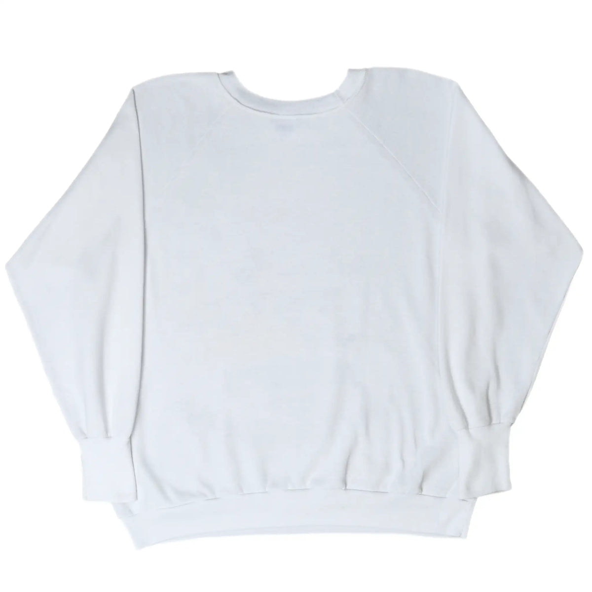 Plain back of white crewneck sweatshirt with ribbed cuffs and hem