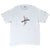 Full front of white Jacques Villeneuve T-shirt with blue and yellow JV chest graphic