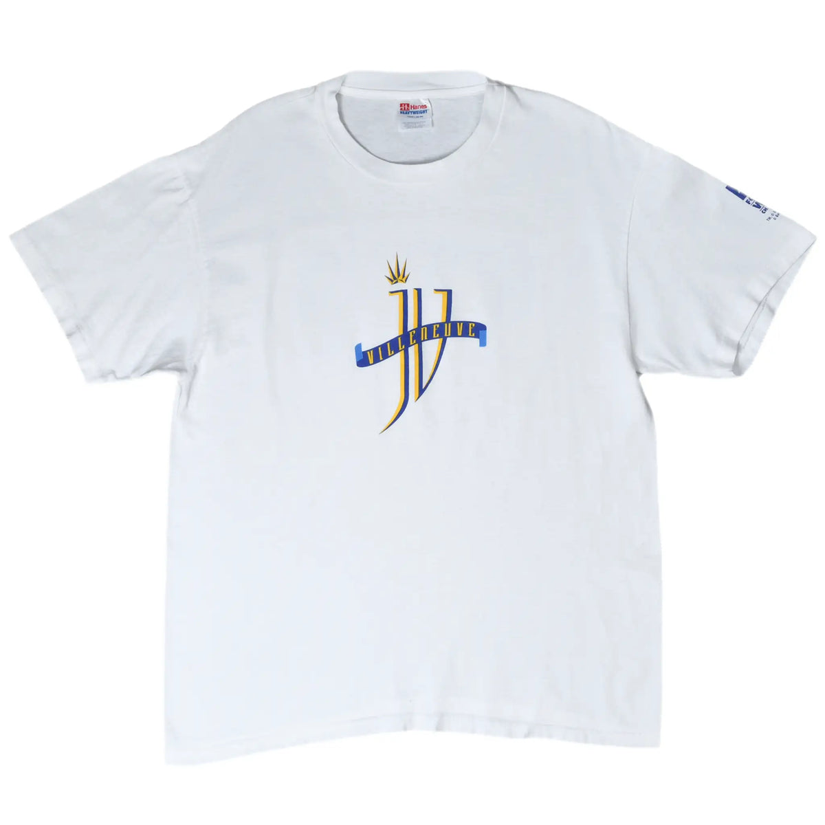 Full front of white Jacques Villeneuve T-shirt with blue and yellow JV chest graphic