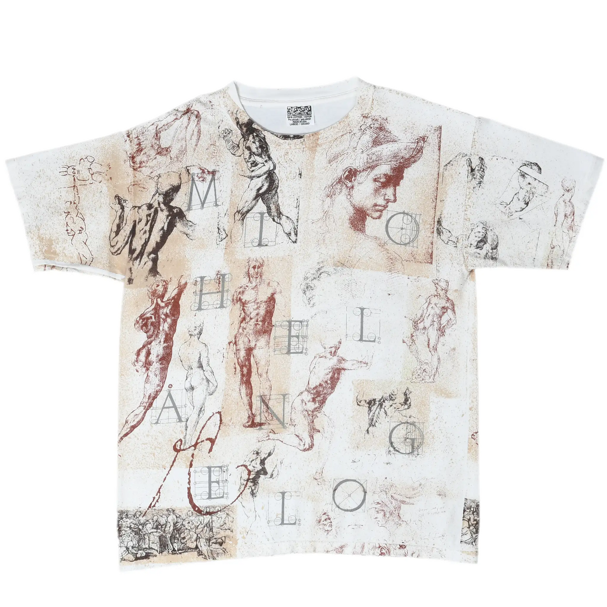 Front of white Michelangelo art T-shirt with sepia sculpture sketches and portrait print