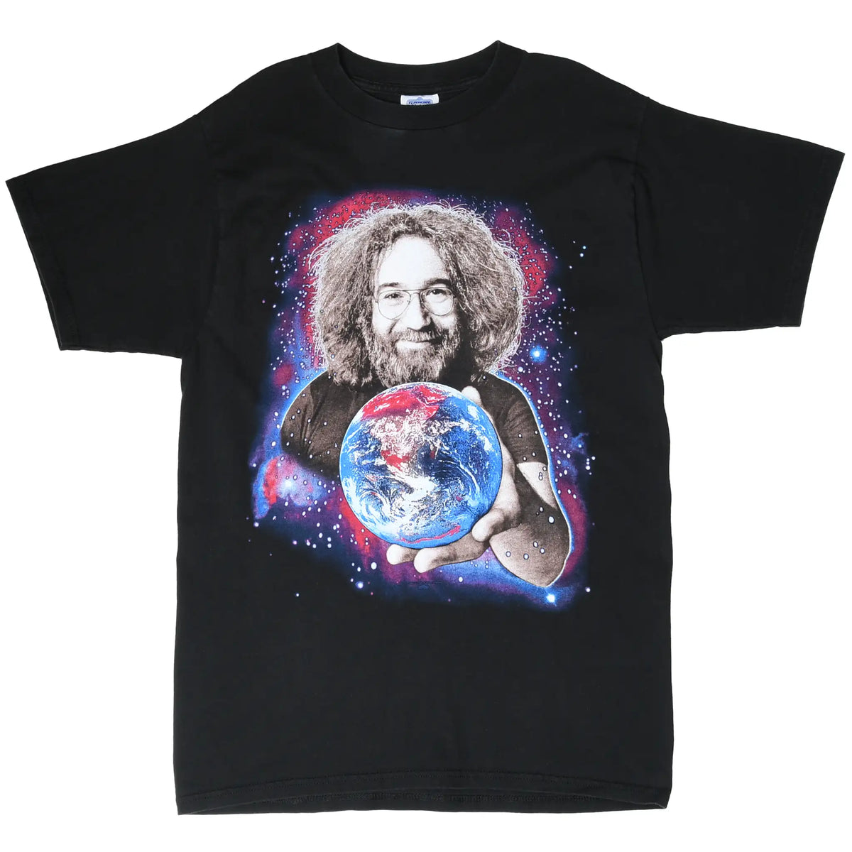 Full front view of black Jerry Garcia T-shirt with portrait and Earth graphic