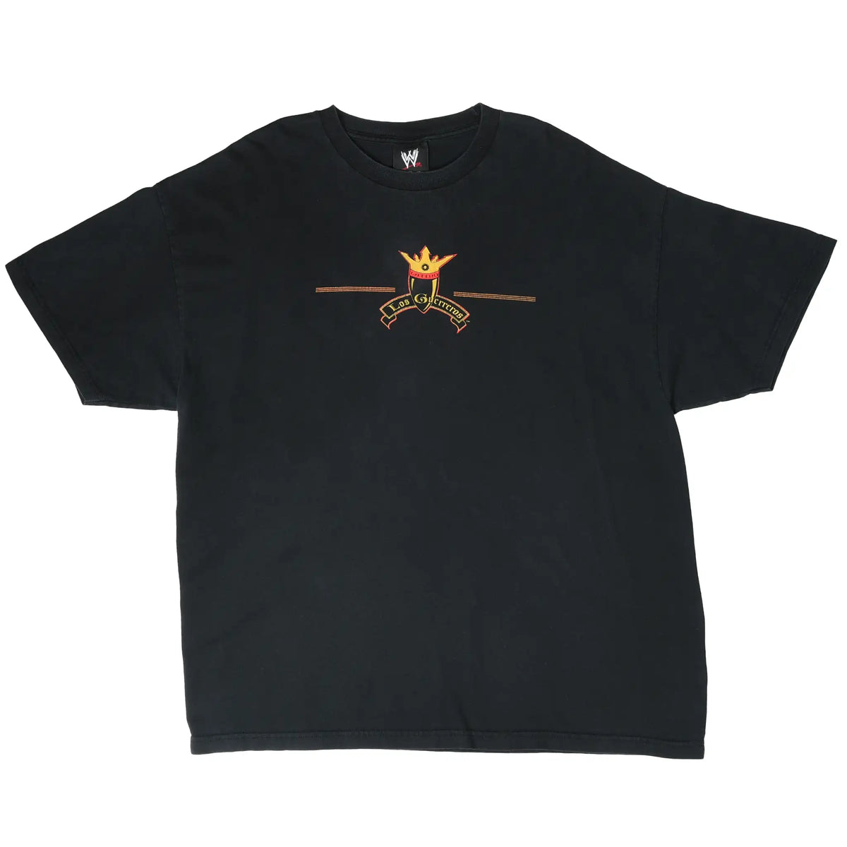 Full front view of black WWE Los Guerreros T-shirt with centered crown crest