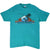 Full front view of teal San Diego California T-shirt with surfer, wave, palm trees, and hibiscus print