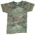 Full front of faded green and brown woodland camouflage short-sleeve T-shirt