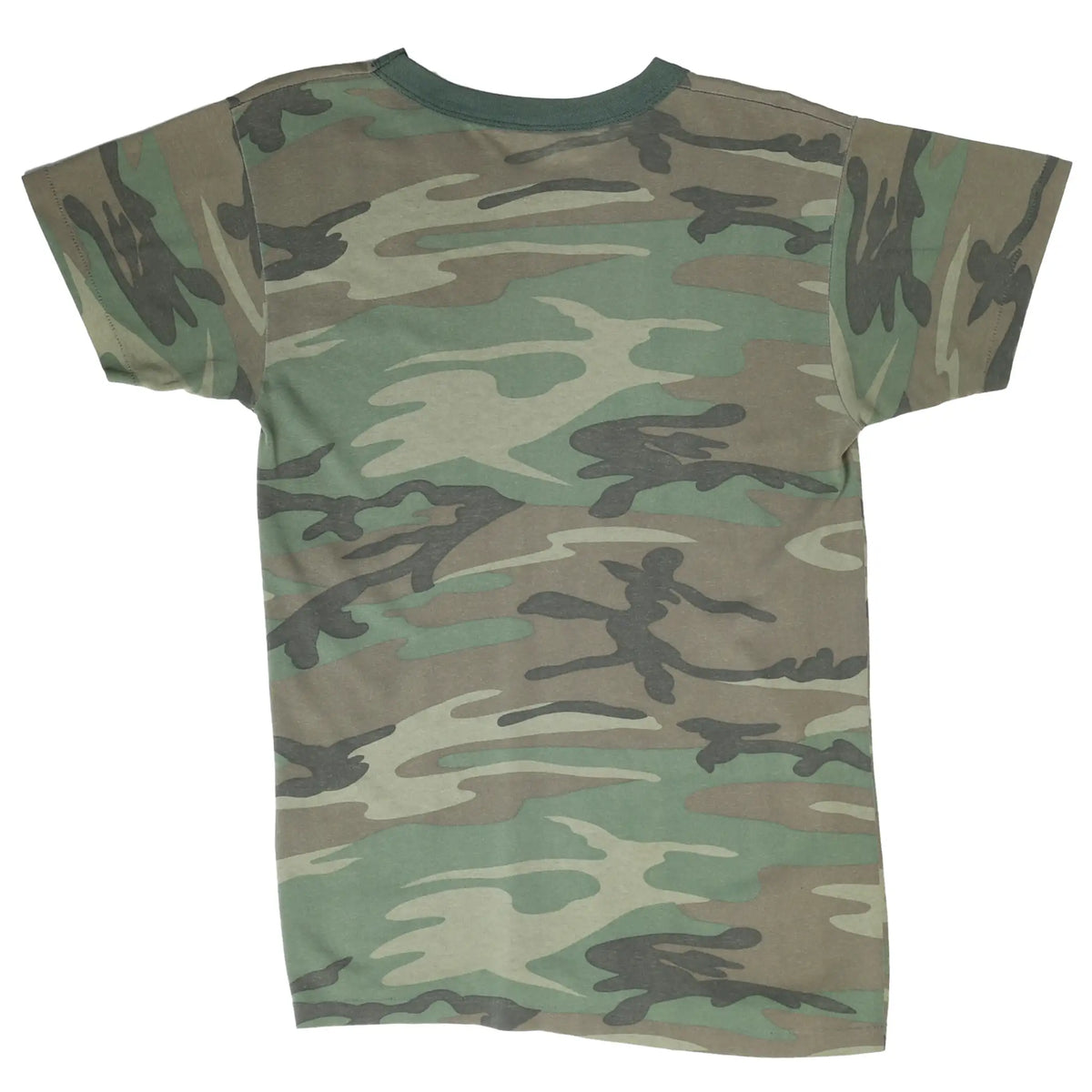 Back of faded green and brown woodland camouflage short-sleeve T-shirt
