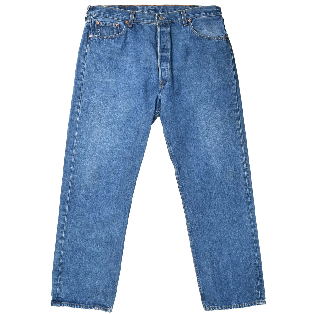 Front view of Levi's 501 indigo blue jeans with five-pocket styling and button fly