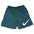 Back of green Nike swim trunks with elastic waist and large white Swoosh print