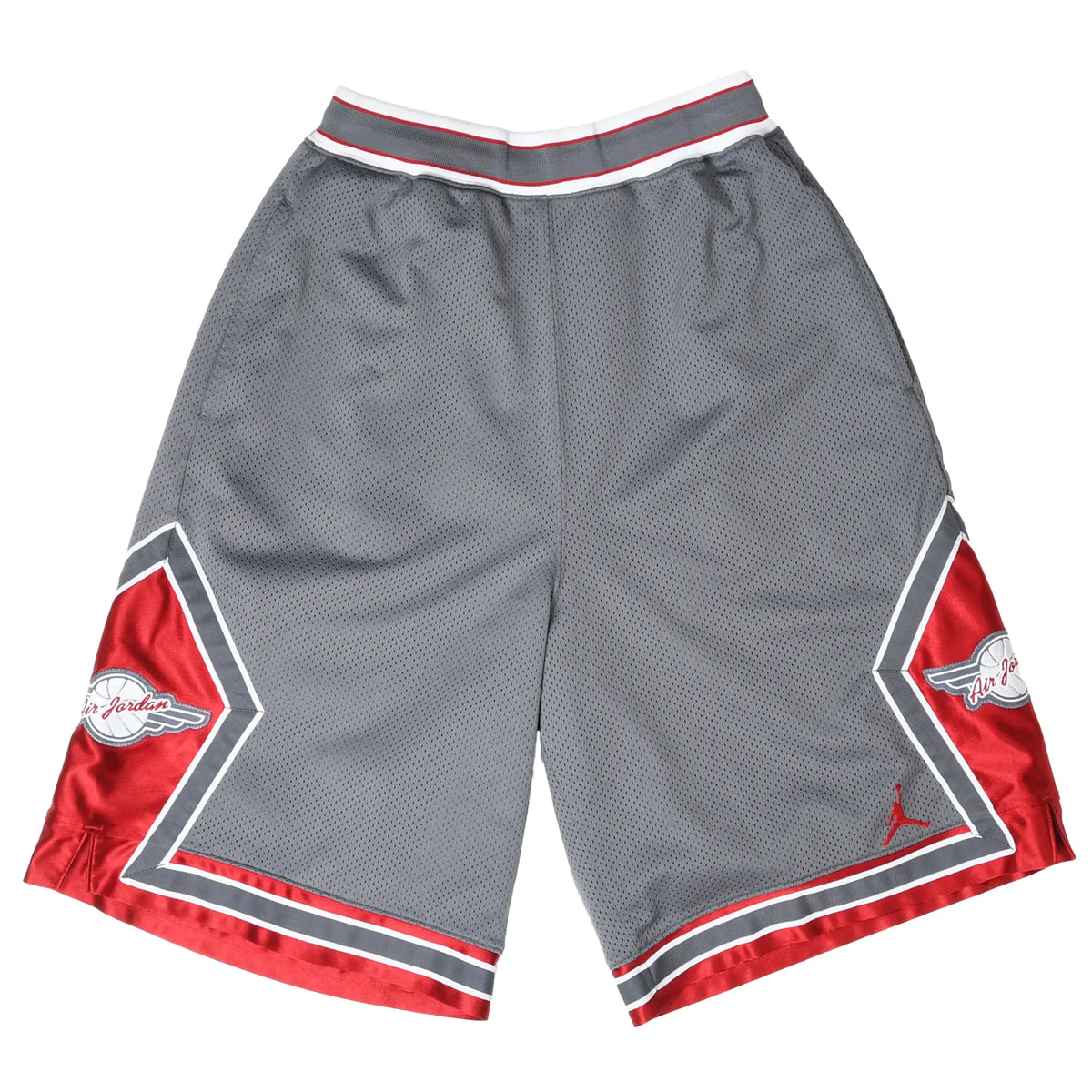 Front of grey Nike Air Jordan mesh basketball shorts with red side panels and Jumpman logo