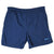 Front of navy blue Nike swim trunks with elastic waist and small light blue embroidered Swoosh