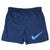 Back of navy blue Nike swim trunks with elastic waist and large light blue Swoosh print