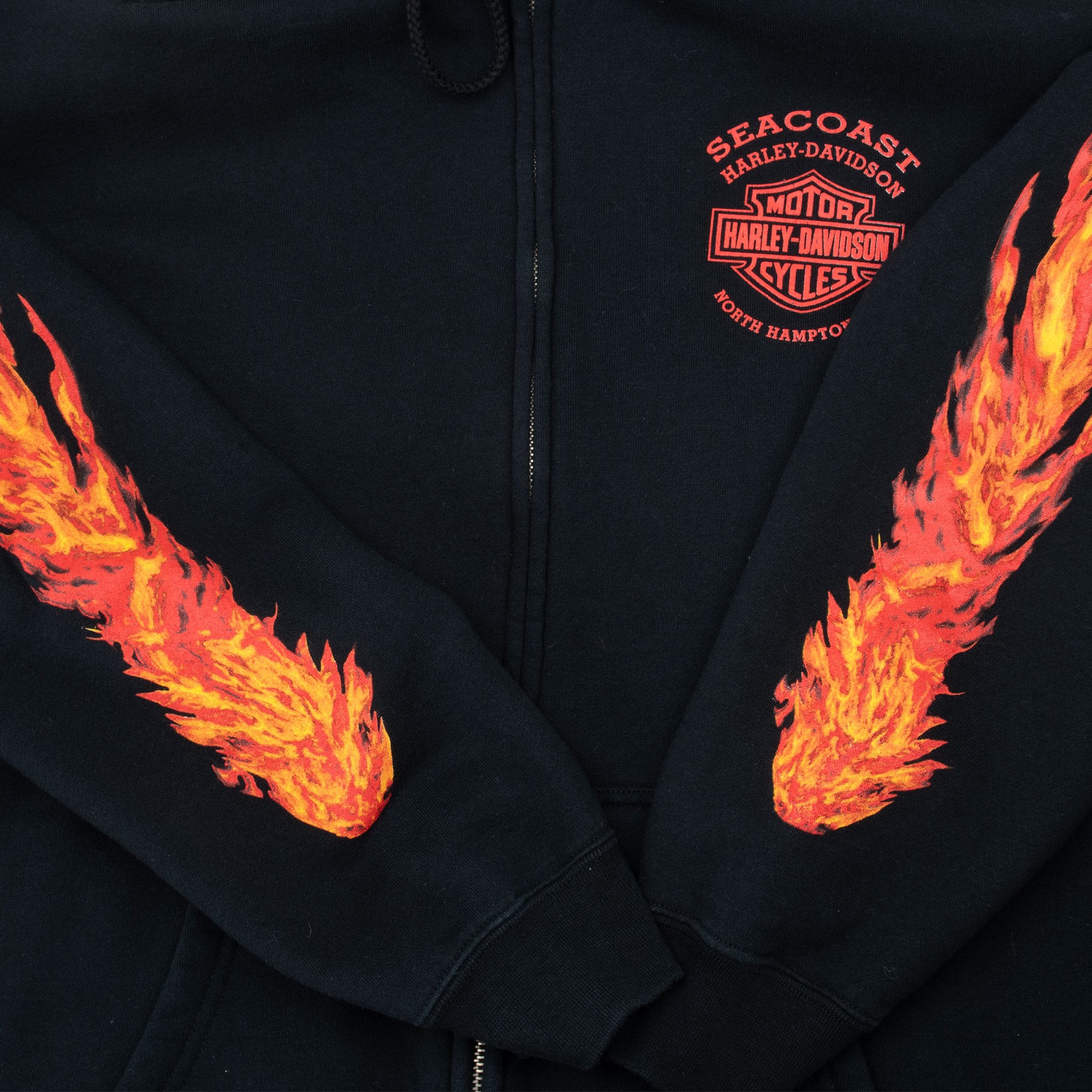 Vintage Harley Davidson North Hampton Full Zip Flaming Sleeves Hoodie Sweatshirt 2003 Size Medium