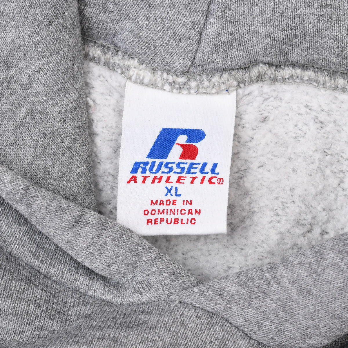 Russell Athletic XL neck tag inside gray hoodie