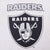 Close-up of black Raiders wordmark and shield print on silver sweatshirt fabric
