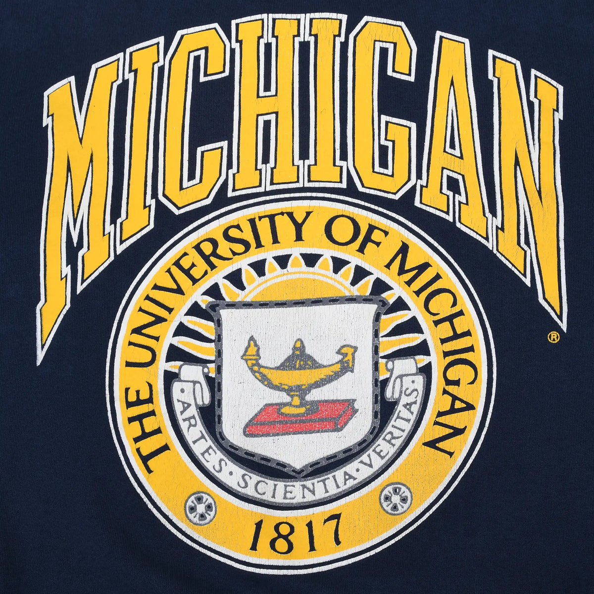 Close-up of maize Michigan lettering and University of Michigan seal print