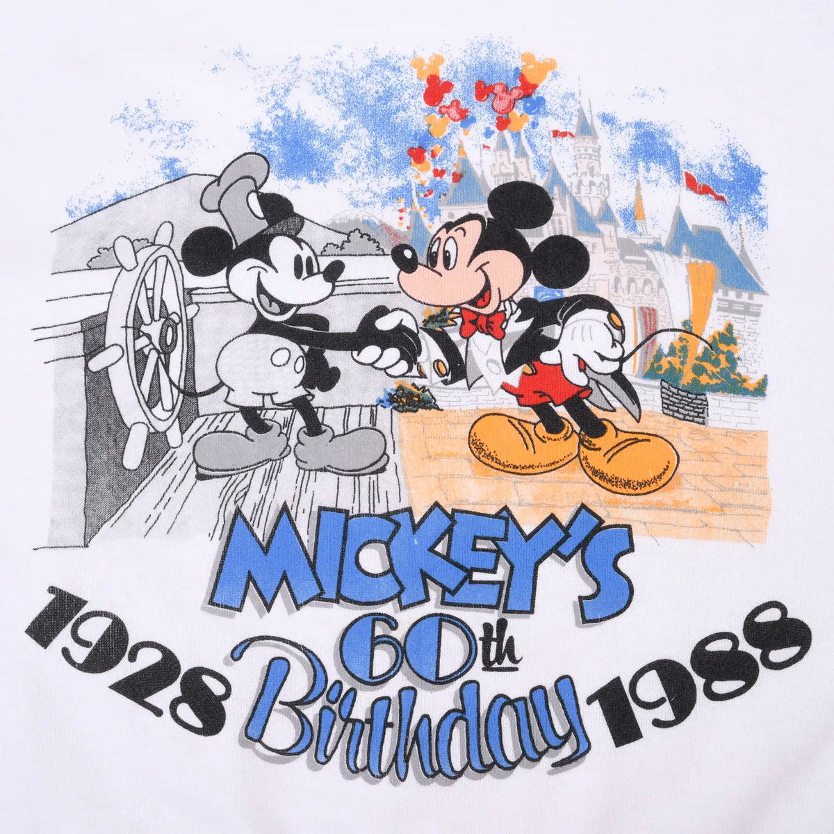 Close-up of Mickey Mouse 60th birthday graphic with Steamboat Willie and Disney castle