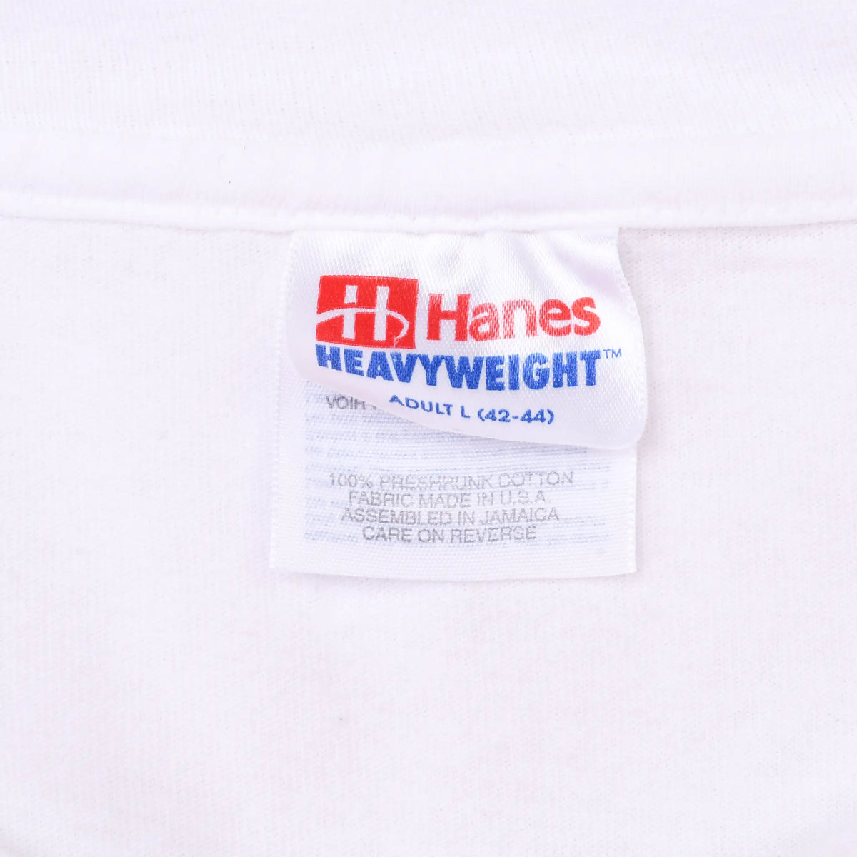 Hanes Heavyweight neck tag marked adult large on white T-shirt