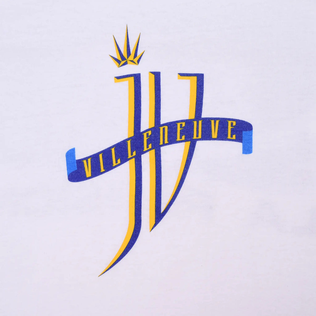 Close-up of blue and yellow Jacques Villeneuve JV front graphic