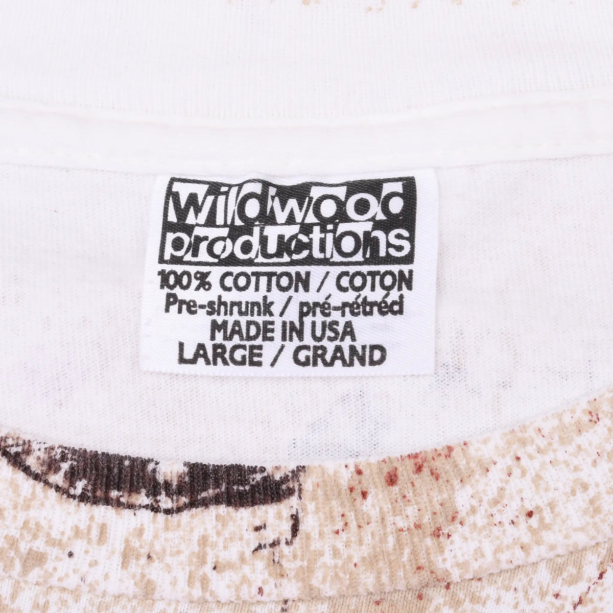 Midwood Productions neck tag marked 100% cotton, pre-shrunk, made in USA, and large
