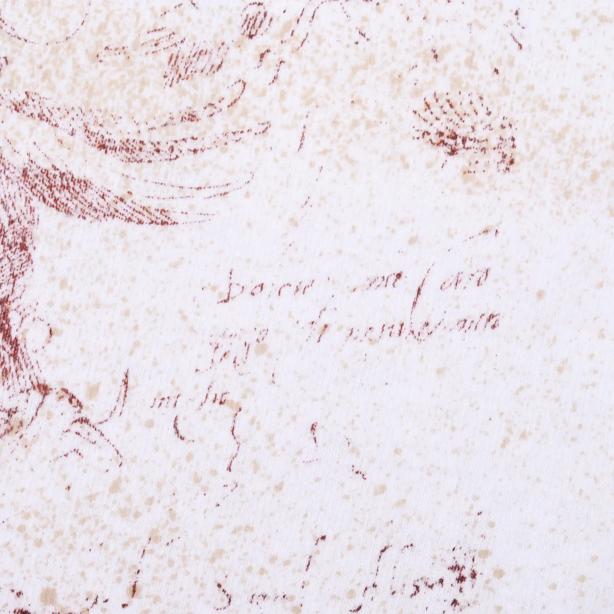 Close-up of the pale sepia art print with faint red cursive writing on white fabric