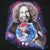 Close-up of Jerry Garcia portrait holding Earth against a red and blue cosmic background