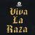 Close-up of large gold Gothic-style Viva La Raza print on the back