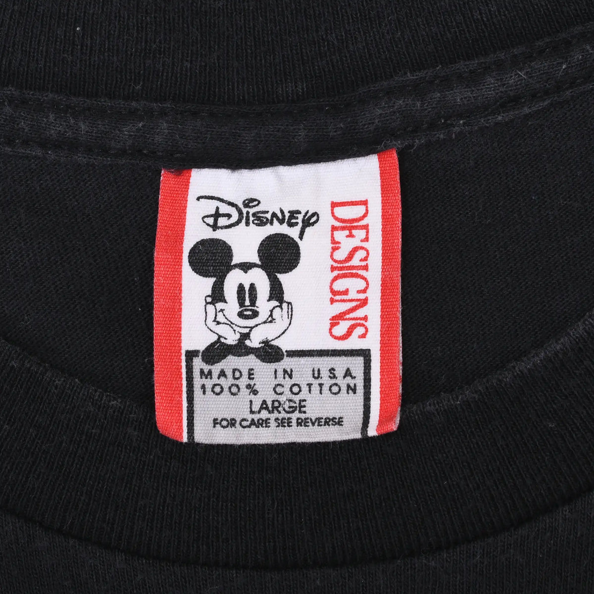 Disney Designs neck tag with Mickey Mouse, size Large, and Made in USA text