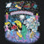Close-up of colorful Disney Pleasure Island nightlife character graphic on black fabric