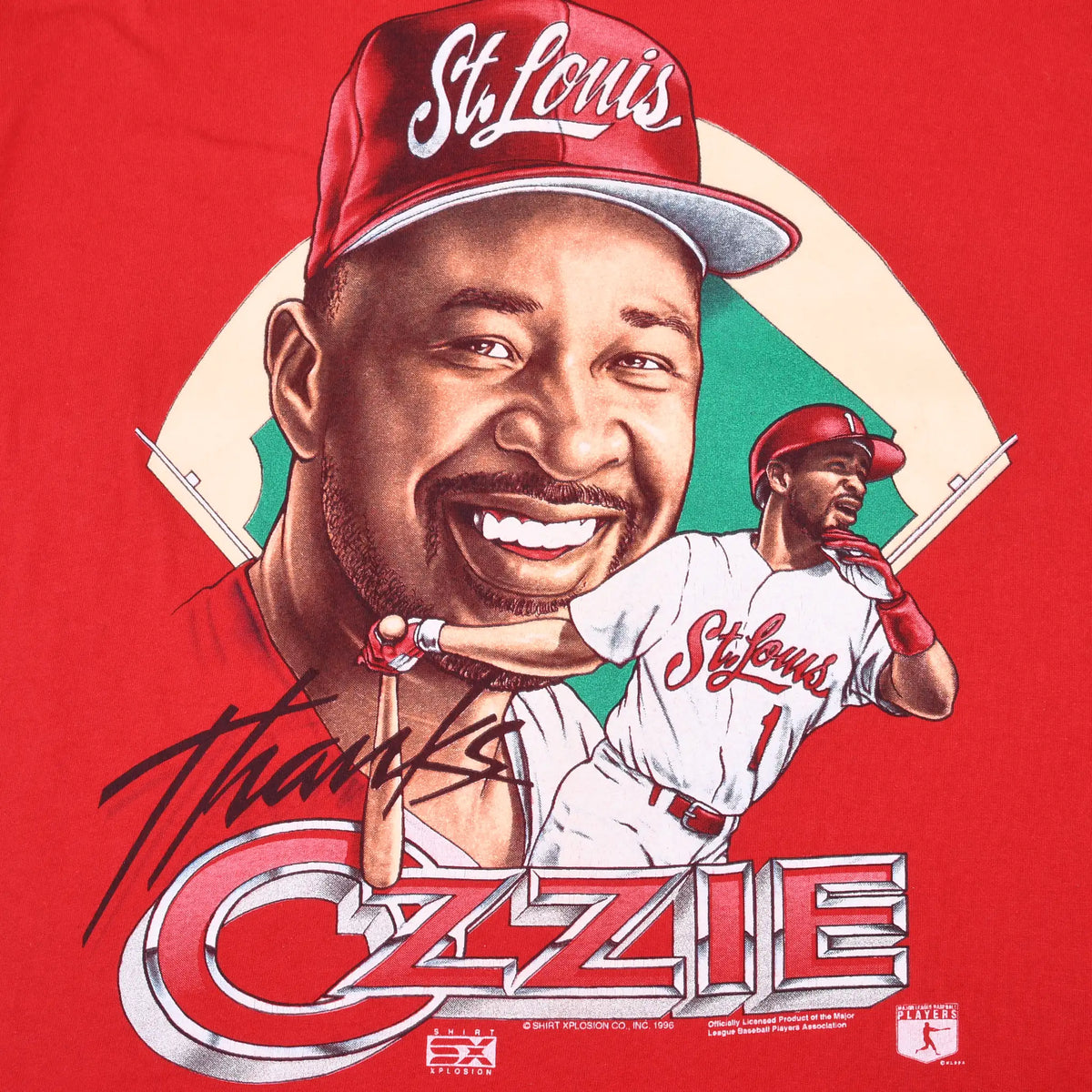 Close-up of Ozzie Smith Cardinals graphic with portrait, batting pose and Thank You Ozzie text
