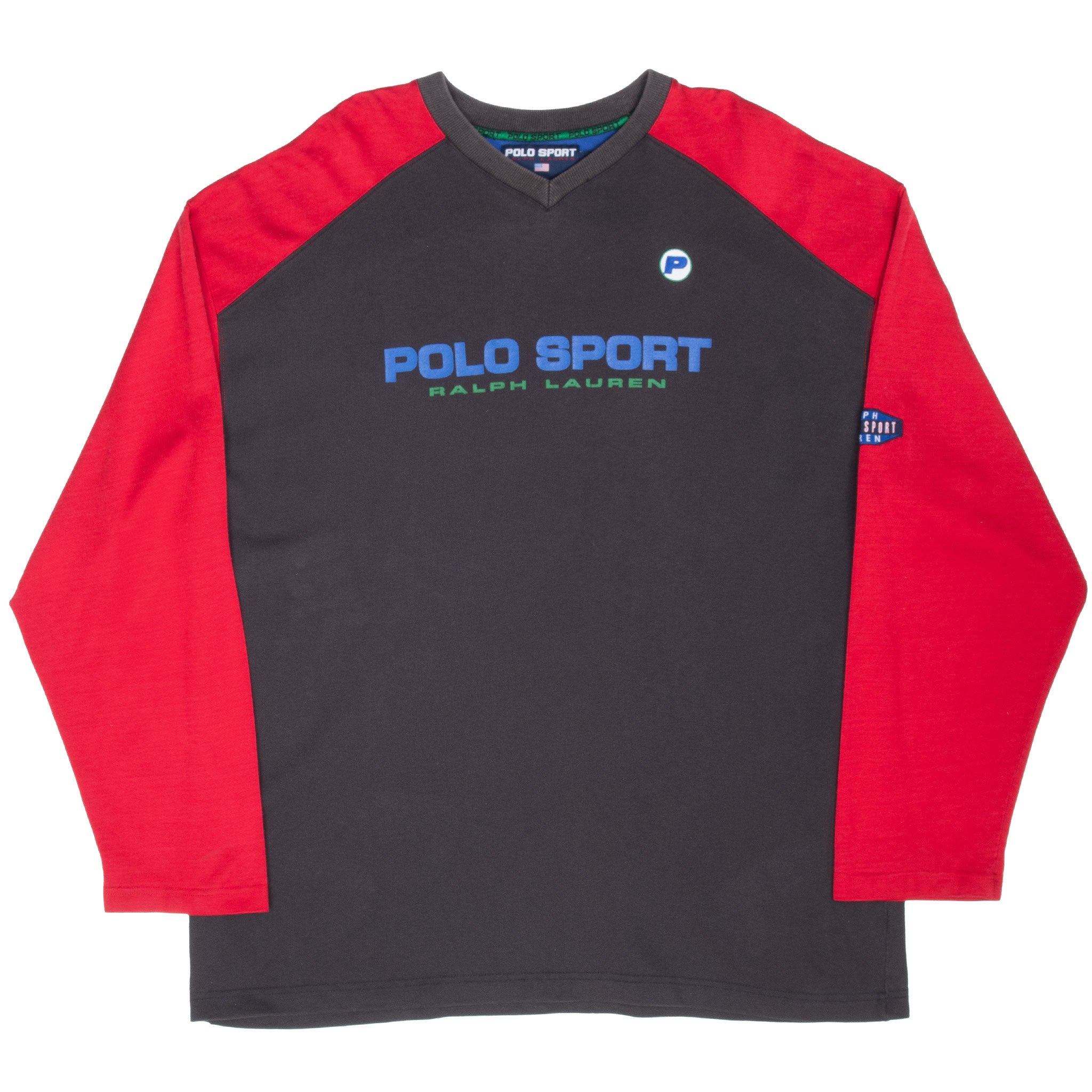 Vintage Ralph Lauren Polo Sport Black Red Long Sleeve Raglan Tee Shirt Size Large