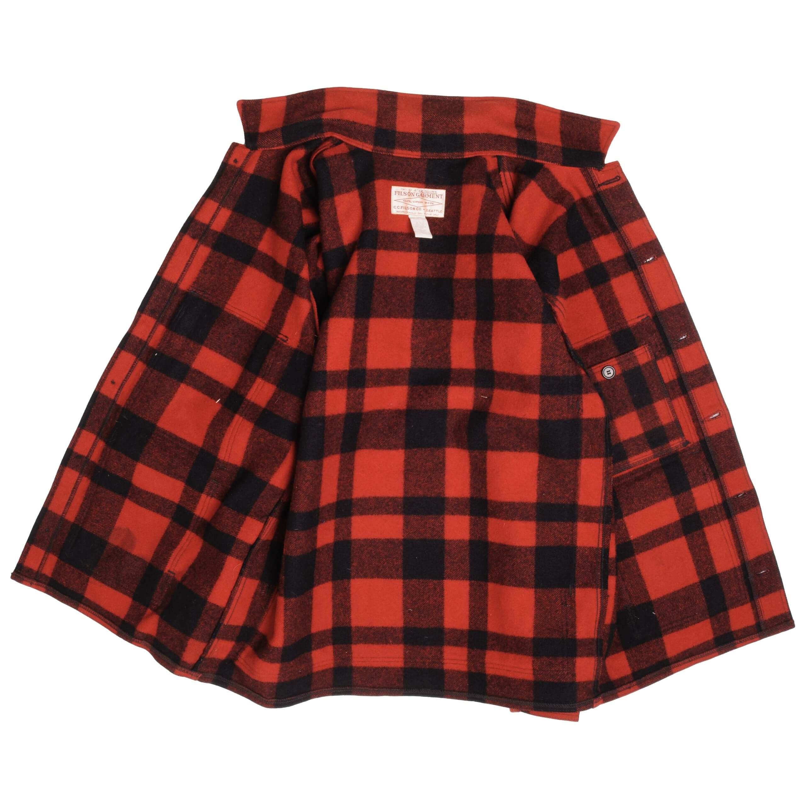 Vintage Original CC Filson Co Seattle Wool Machinaw Cruiser Red and Black Plaid Style 110 Size XL Made In USA
