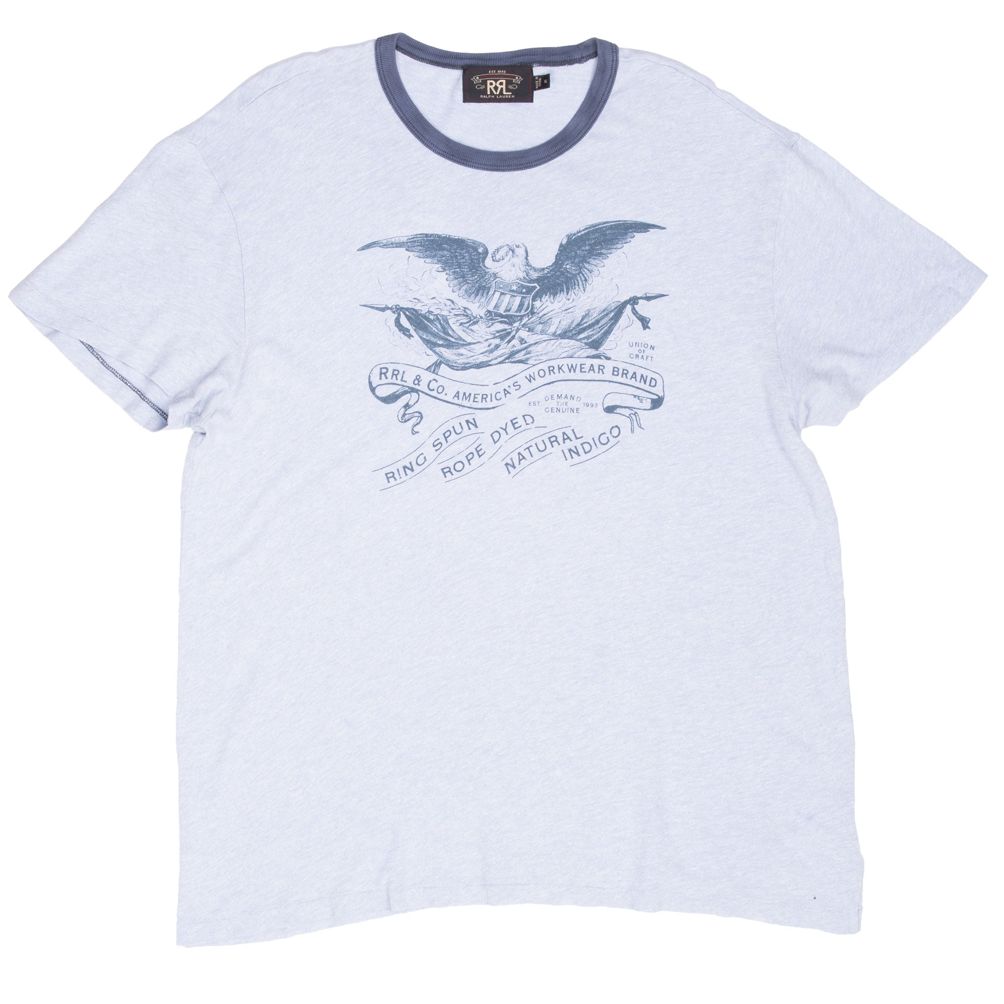 Vintage Double R Rrl Ralph Lauren America's Workwear Brand Blue Ringer Tee Shirt 1990S Size Large With Single Stitch Sleeves