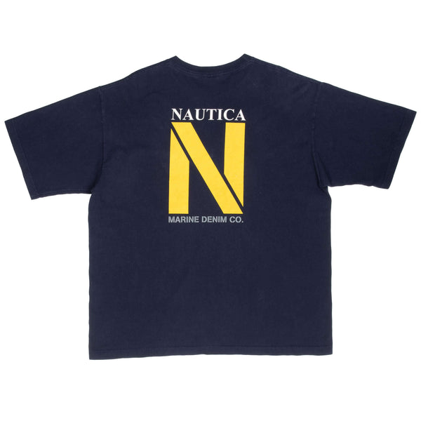 Vintage Nautica Marine Denim Blue Tee Shirt 1990S Size 2XL Made In Usa