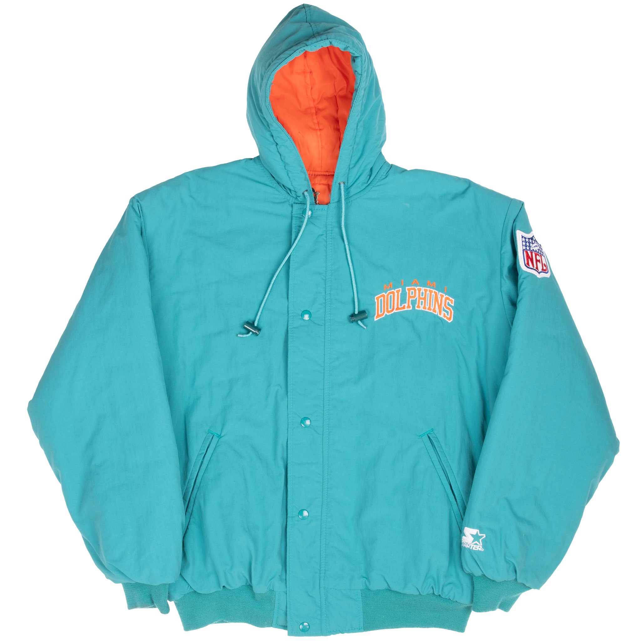 Vintage Nfl Miami Dolphin Hooded Windbreaker Starter Jacket 1990S Size Large Made In USA