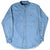 Full front view of Polo Ralph Lauren blue denim shirt with button-down collar and curved hem