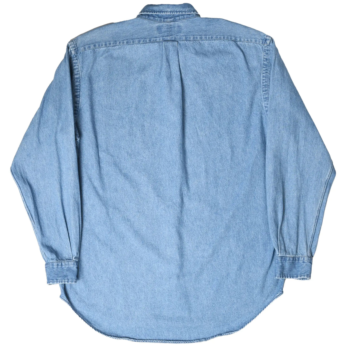 Back of Polo Ralph Lauren blue denim long-sleeve shirt with center box pleat