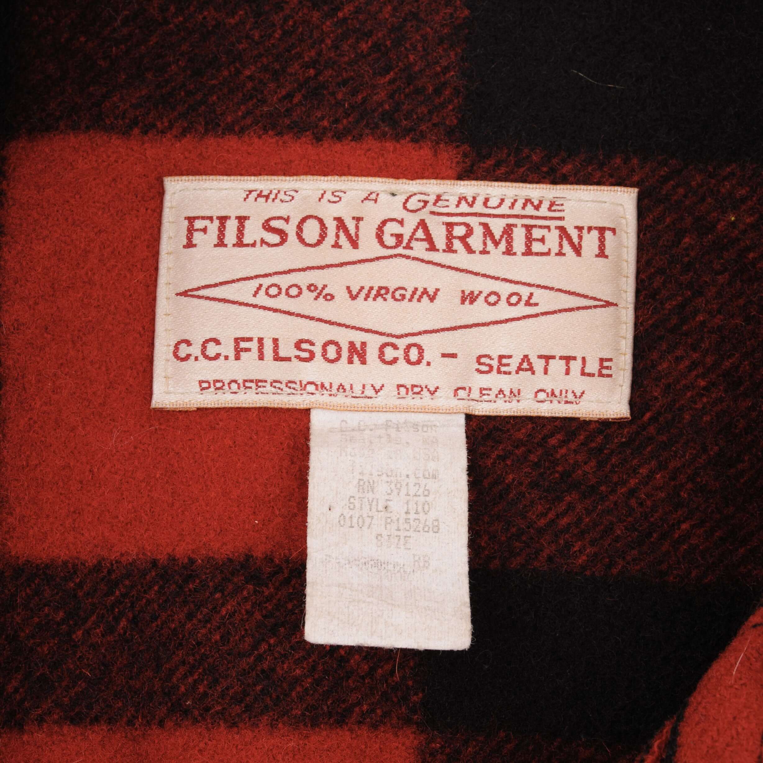 Vintage Original CC Filson Co Seattle Wool Machinaw Cruiser Red and Black Plaid Style 110 Size XL Made In USA