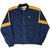 Full front of navy Adidas zip windbreaker with red and yellow sleeve stripes