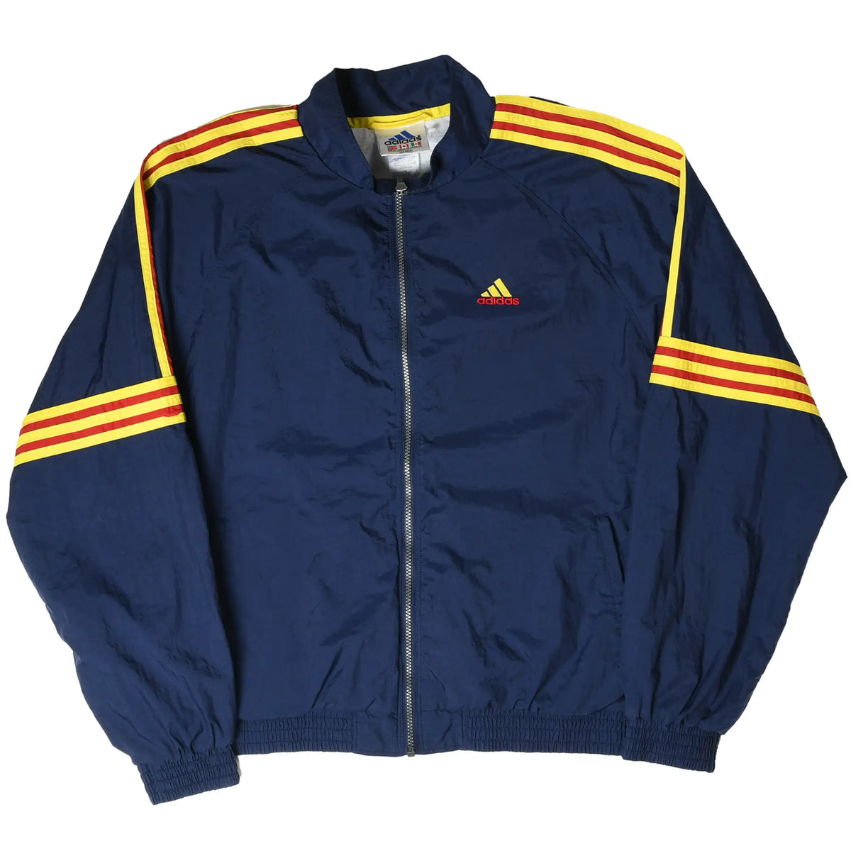 Full front of navy Adidas zip windbreaker with red and yellow sleeve stripes