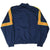 Back of navy Adidas windbreaker with red and yellow 3-Stripes across the sleeves