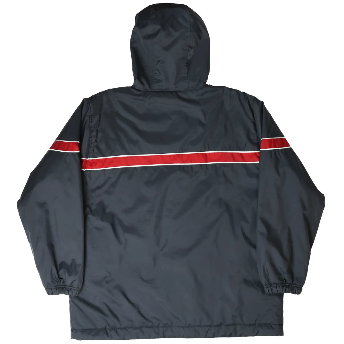 Back of black Nike hooded windbreaker with red stripe and white piping across the body and sleeves