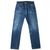 Front of Levi's 501 indigo blue jeans with button fly and contrast whiskering
