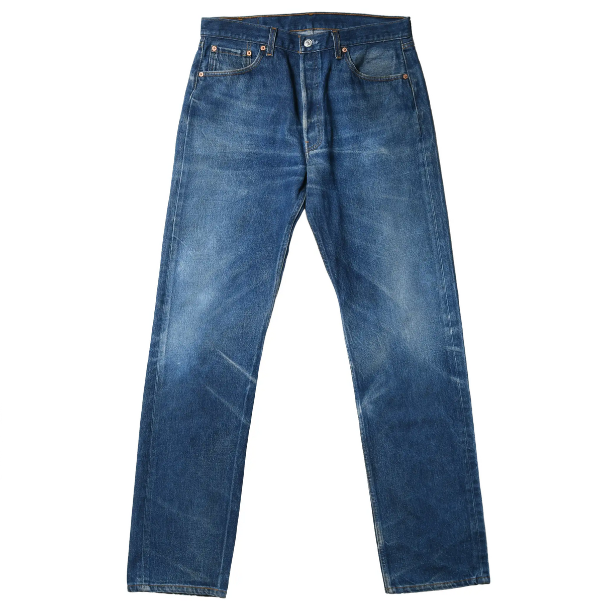 Front of Levi's 501 indigo blue jeans with button fly and contrast whiskering