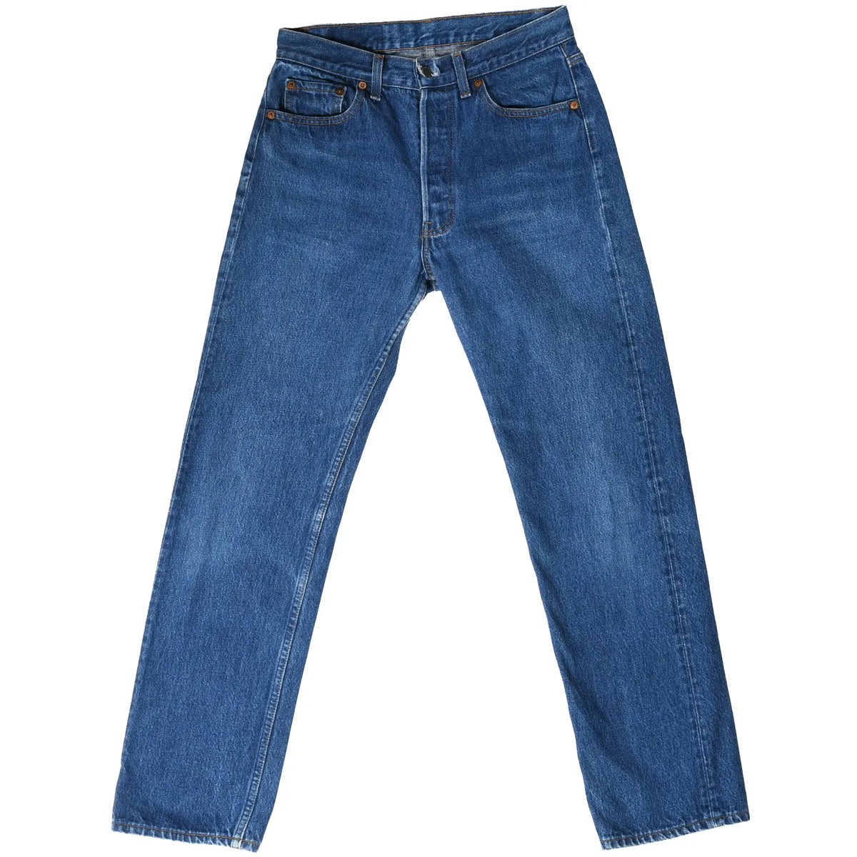 Front view of Levi's 501 blue jeans with button fly and five-pocket styling