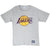 Full front view of gray Starter T-shirt with Los Angeles Lakers logo and hem patch