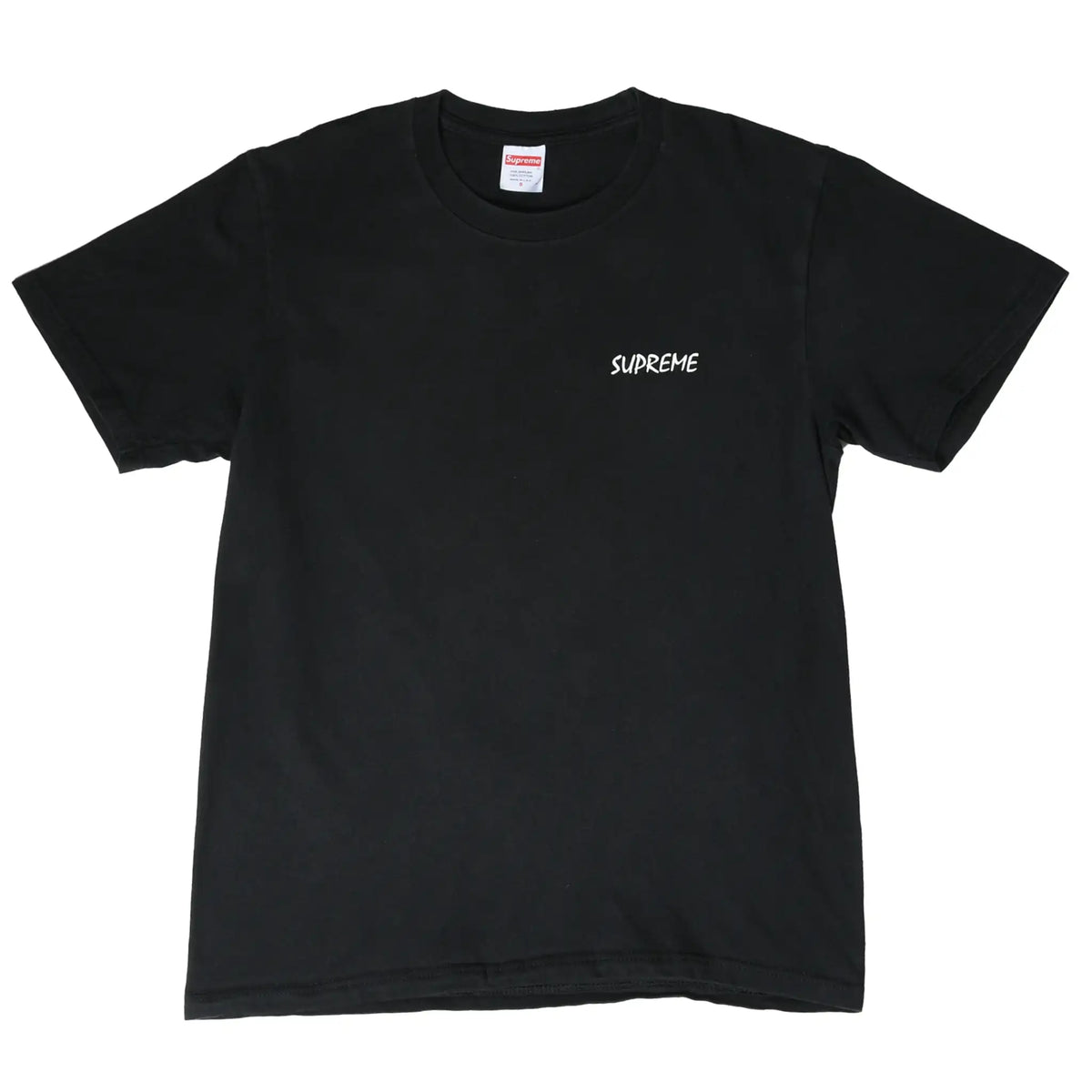 Front of black Supreme T-shirt with small white script logo on the left chest