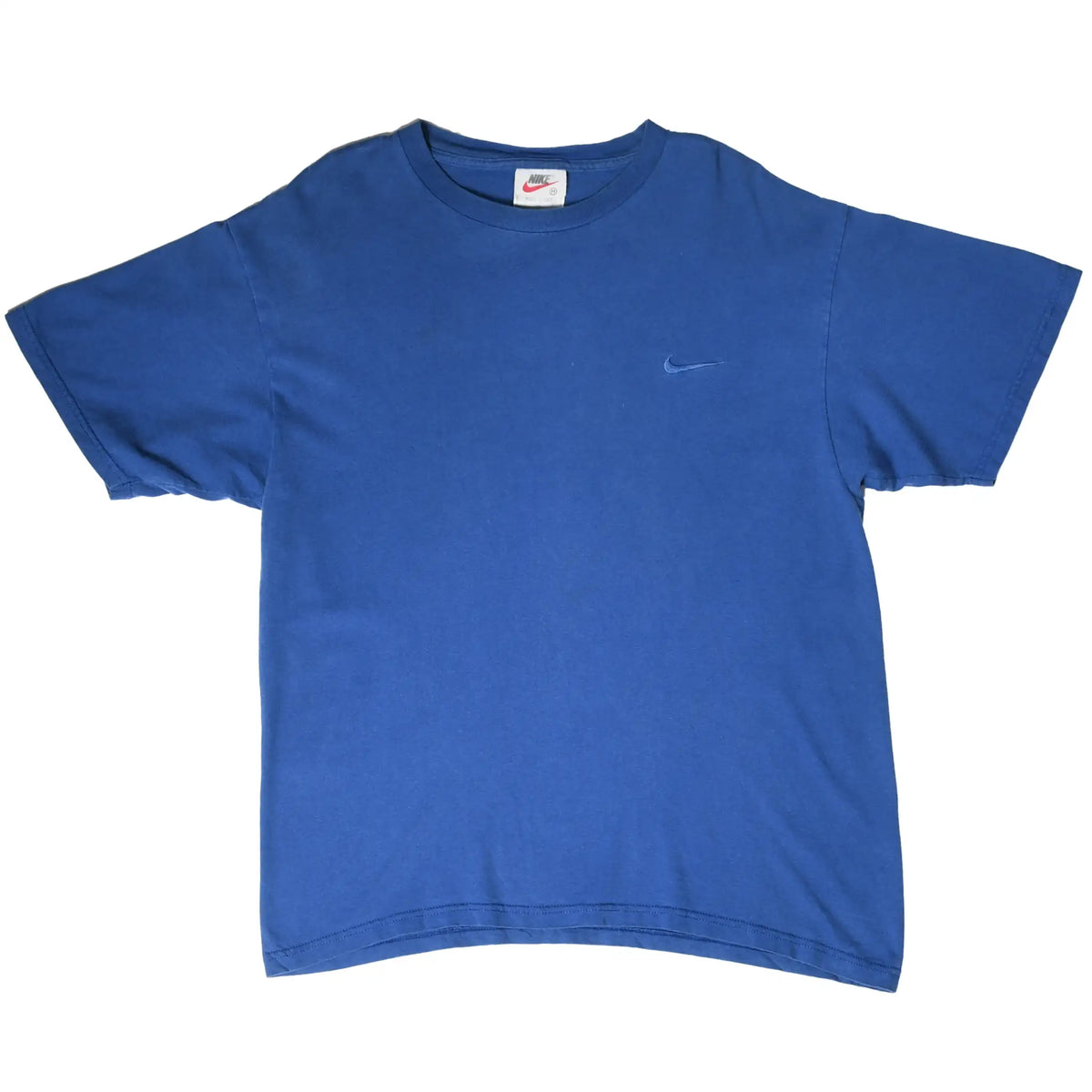 Front of blue Nike short-sleeve T-shirt with small tonal embroidered Swoosh