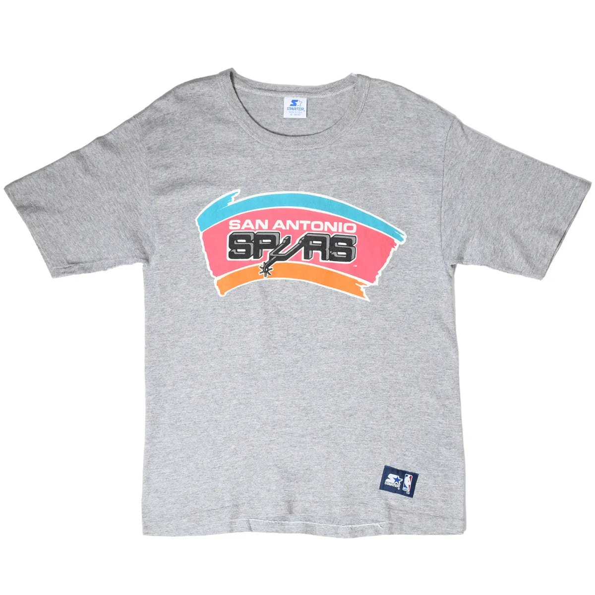 Full front of gray Starter T-shirt with colorful San Antonio Spurs chest graphic