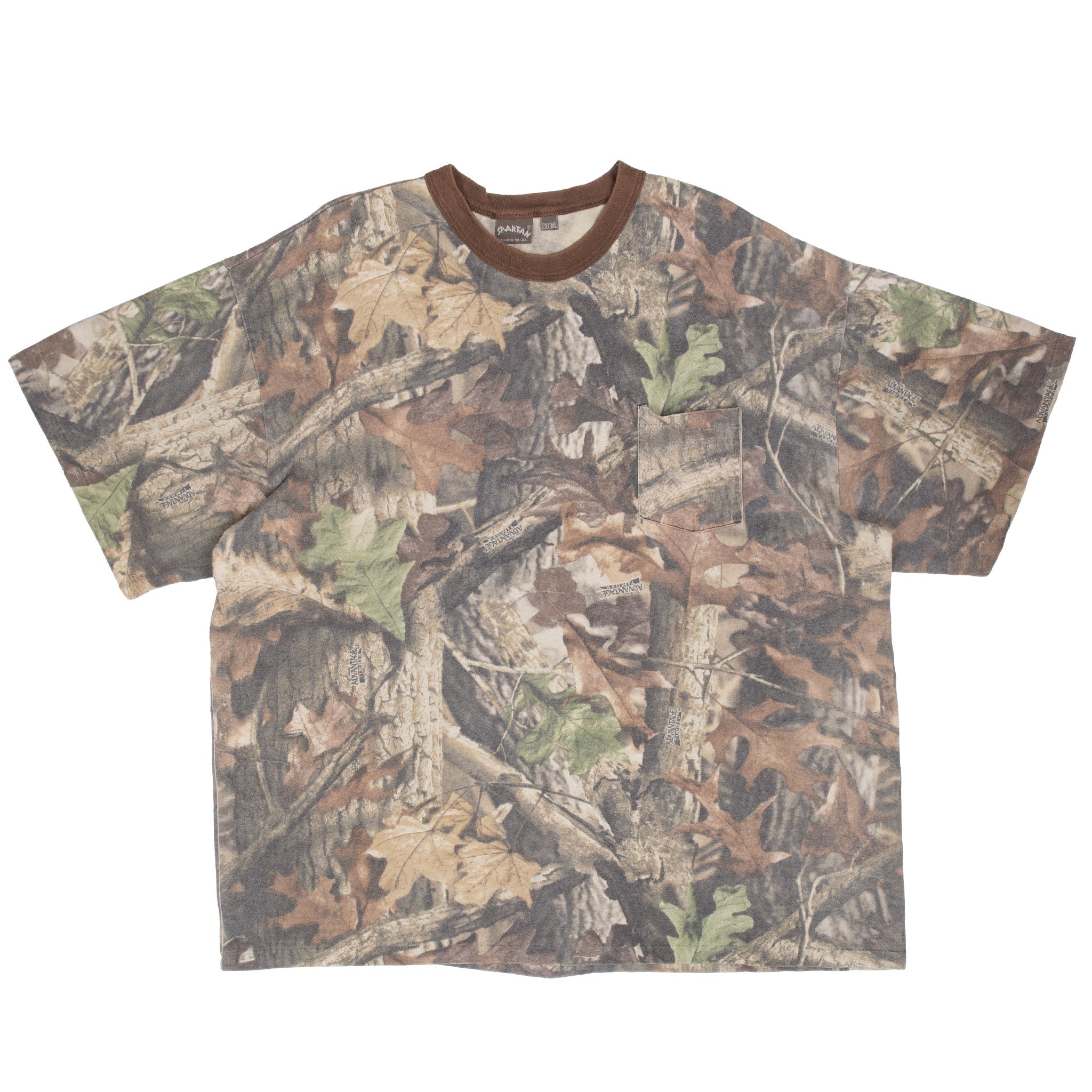Vintage Hunting Advantage Timber Camo Pocket Tee Shirt 1990S Size 3XL Made In USA With Single Stitch Sleeves