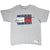 Full front of grey Tommy Jeans T-shirt with navy, white and red flag-style spellout print