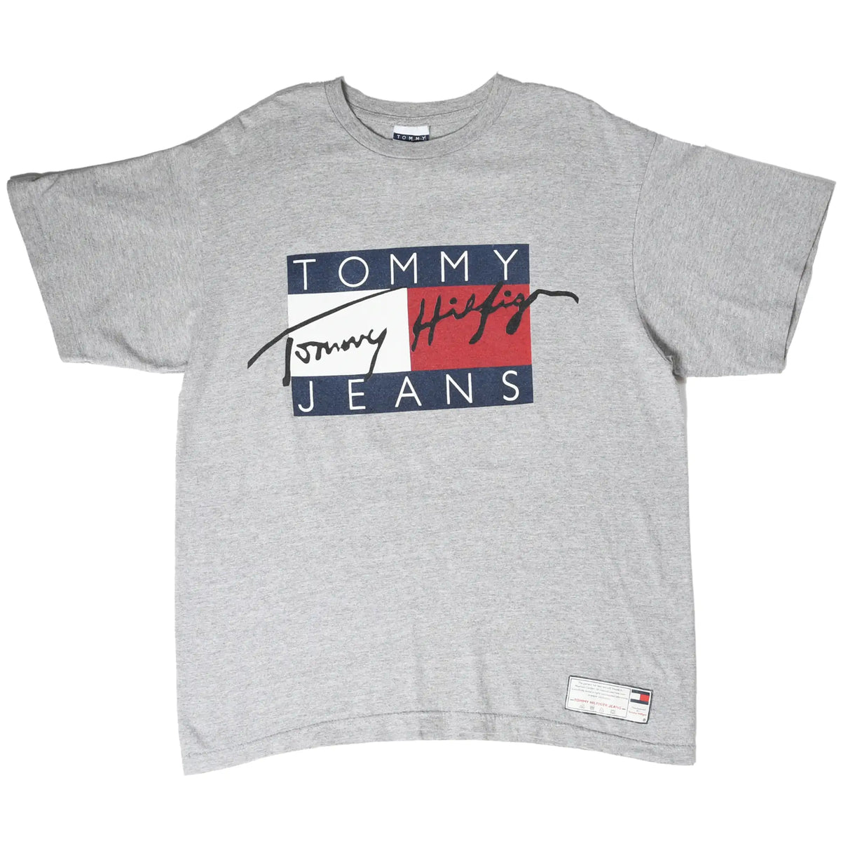 Full front of grey Tommy Jeans T-shirt with navy, white and red flag-style spellout print